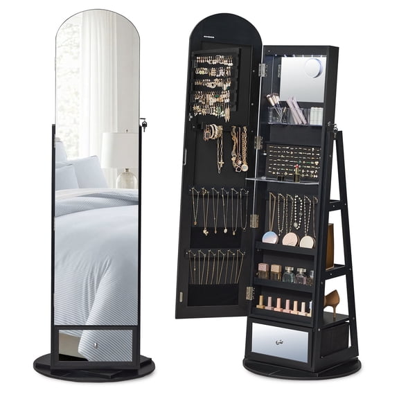 SONGMICS 360° Swivel Jewelry Cabinet, Full-Length Arched Mirror with LED Lights, Magnifying Mirror, Storage Shelves, Drawer, Ink Black