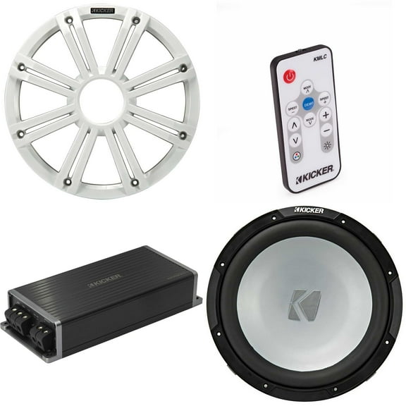 Kicker Marine KPX500.1 Powersports Amp & 12" 2 Ohm ( White Grill ) Subwoofer Audio Upgrade, Includes LED Remote