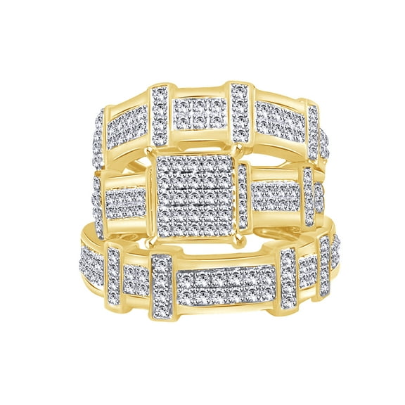 AFFY White Cubic Zirconia Engagement & Wedding Trio Band Ring Set In 10k Yellow Gold (0.6 Cttw)
