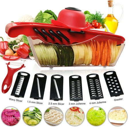WALFRONT Mandoline Slicer Vegetable Cutter Potato Grater Chopper Food Storage Container with Peeler & 5 Interchangeable Blades for Tomato Onion Cheese (Best Way To Store Potatoes And Onions)