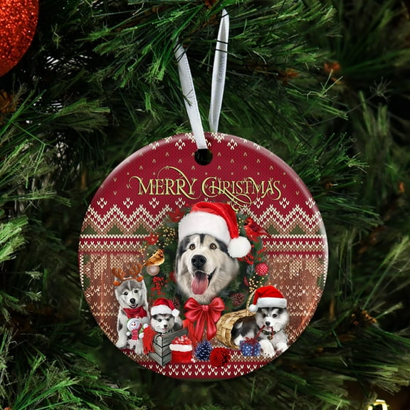 Flagwix Christmas Ornaments|Christmas Tree Decoration| Christmas Begins With Husky |Christmas Gifts, Ceramic Ornaments With Ribbon - Circle, 1 Pcs