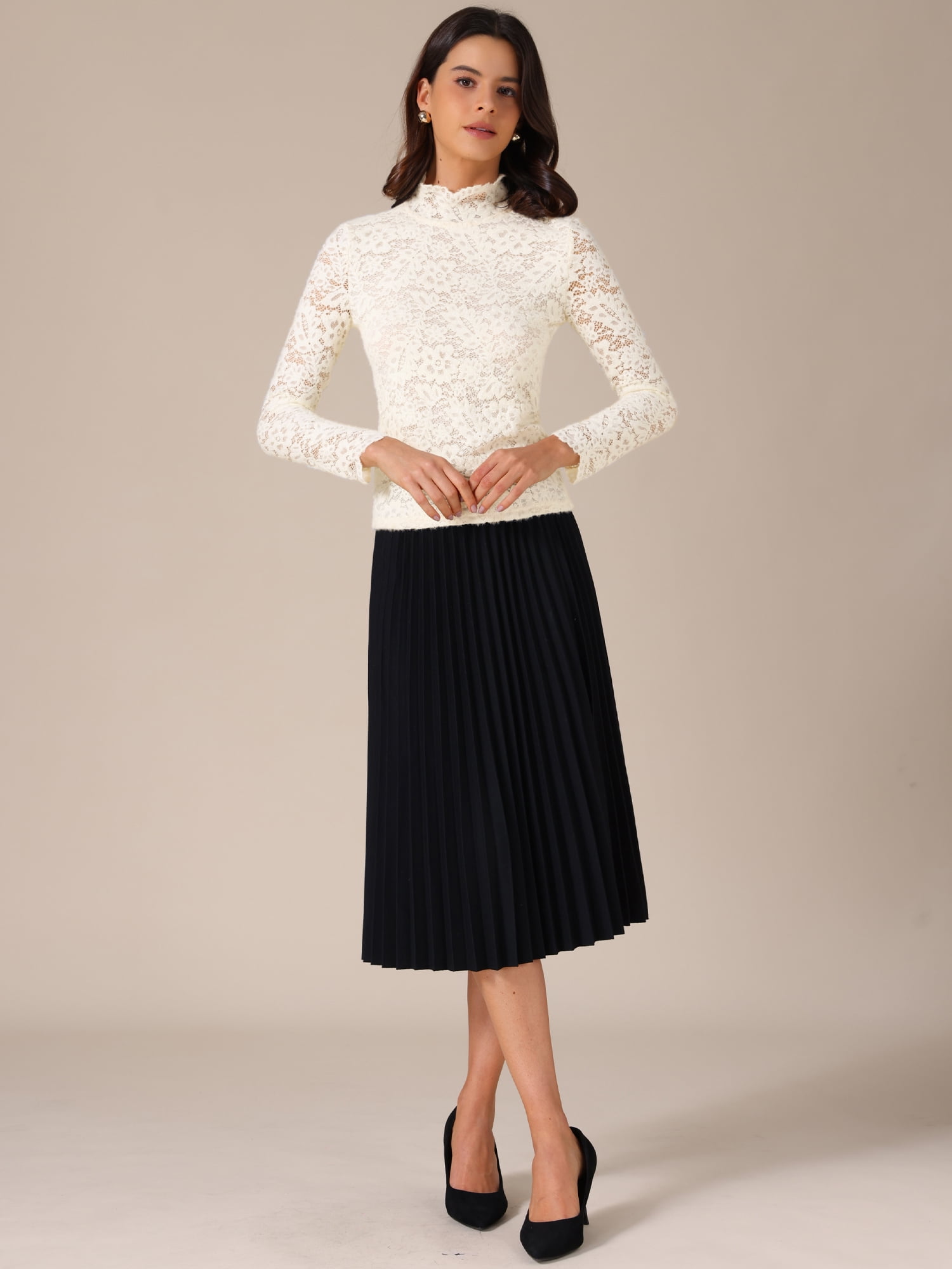 DARING DIVA Women's Basic Lace Long Sleeve Ruffle Neck Floral Blouse S Beige
