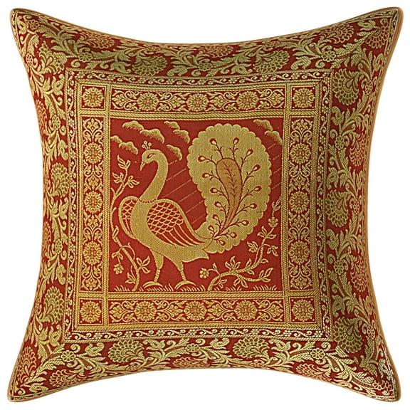 Stylo Culture Ethnic Boho Brocade Burgundy Maroon And Gold Throw Pillow Covers 16x16 Jacquard Weave Banarsi Soft Throw Pillow Covers Dancing Peacock Floral 40x40 cm Decorative Cushion Covers (1 Pc)