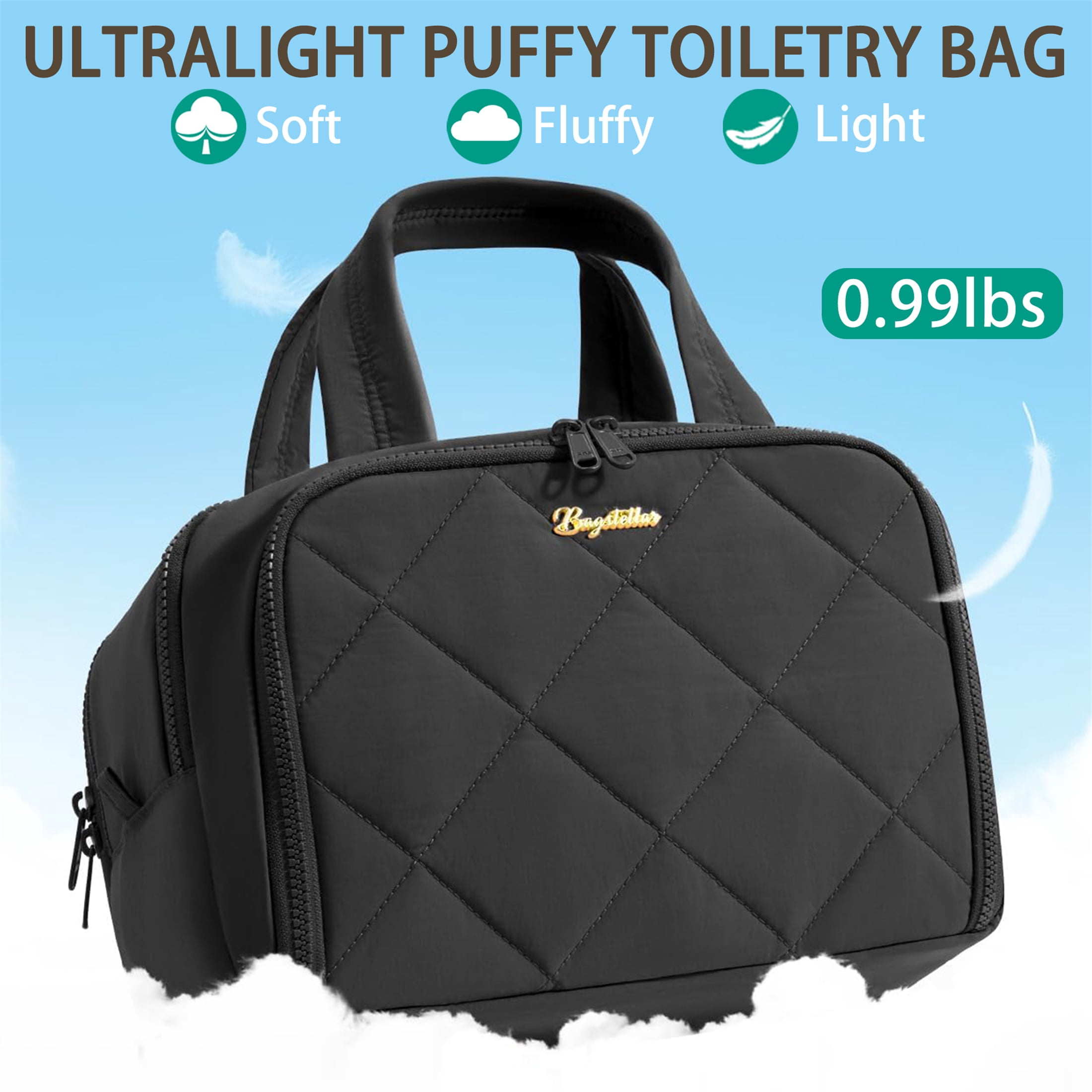 Puffy Travel Toiletry Bag for Women, Wide-Open Cosmetic Makeup Bag Organizer with Handle, Lightweight Quilted Travel Bag for Accessories, Essentials, Toiletries, Black