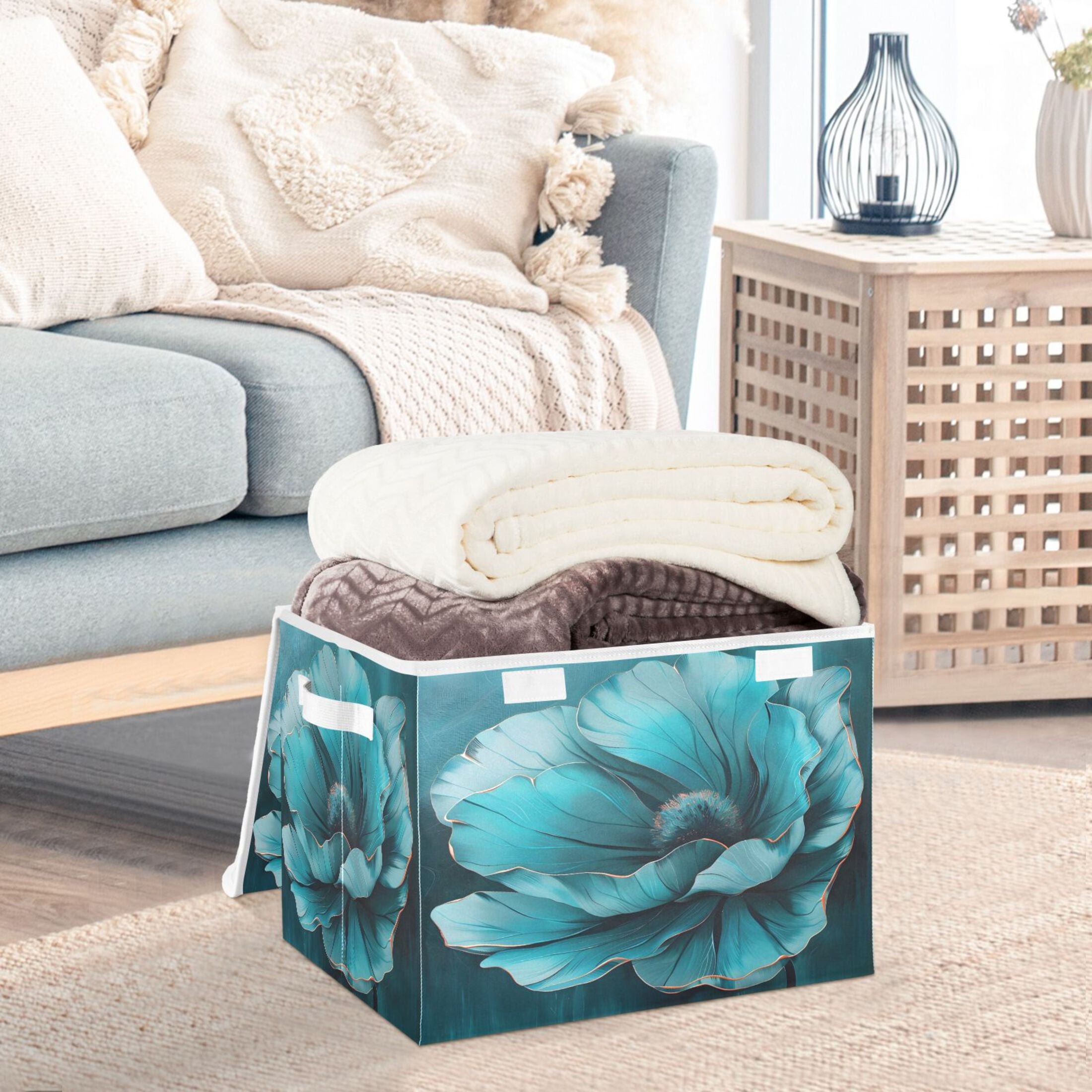 Ryvnso Teal Flower Large Lidded Foldable Storage Baskets Cubes Boxes Lids Bin for Home