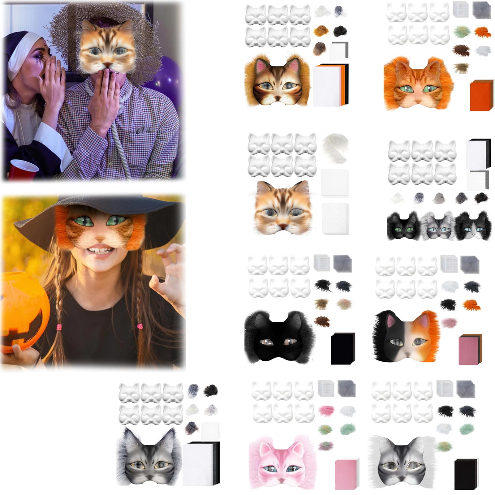 Zawus 6Pcs DIY Therian Mask Kit,Cat Masque DIY Set Paper Cat Masque with Eye Mesh Fur Unfinished Cat Masque for Kids Adults DIY Painting