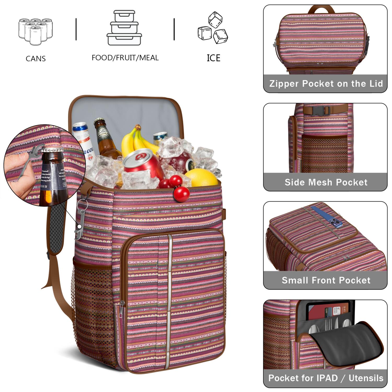 Travel Cooler Bag - Boho Bohemia Pioneer Flower Geometric Line Art Camping Beer Cooler Backpack with Bottle Opener- Waterproof Insulated Picnic Backpacks - Cooler Bag for Beach