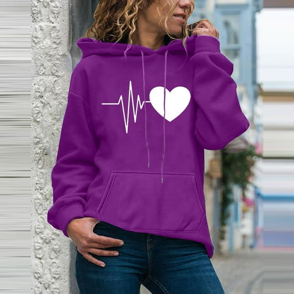 jsaierl Womens Hoodies Heart Print Sweatshirt Top Long Sleeve Dressy Casual Shirt Loose Pullover Hooded Sweatshirt with Pocket