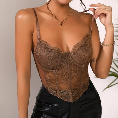 Ovticza Women s Sexy Floral Lace Sheer Mesh Corset Bodysuit Spaghetti Strap Cami Tops V Neck Going Out Tank Top Brown XS