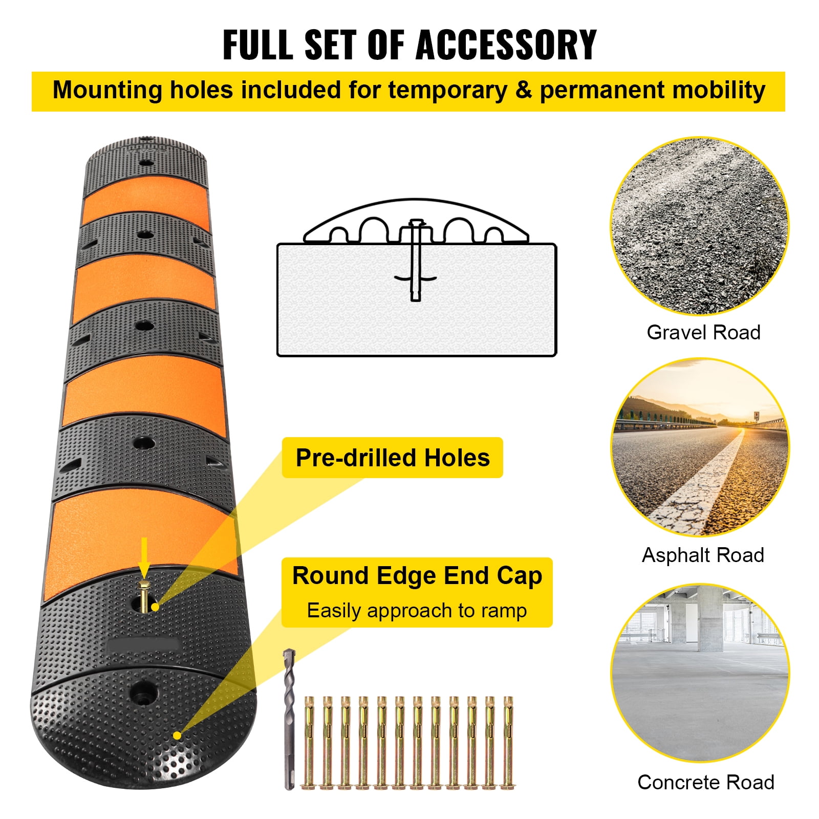 KFFKFF 1 Pack 2 Channel Speed Bump Hump, 72" Long Modular Speed Bump Rated 22000 LBS Loading, 72.8 x 12.2 x 2.2" Garage Speed Bump, Rubber Speed Bump