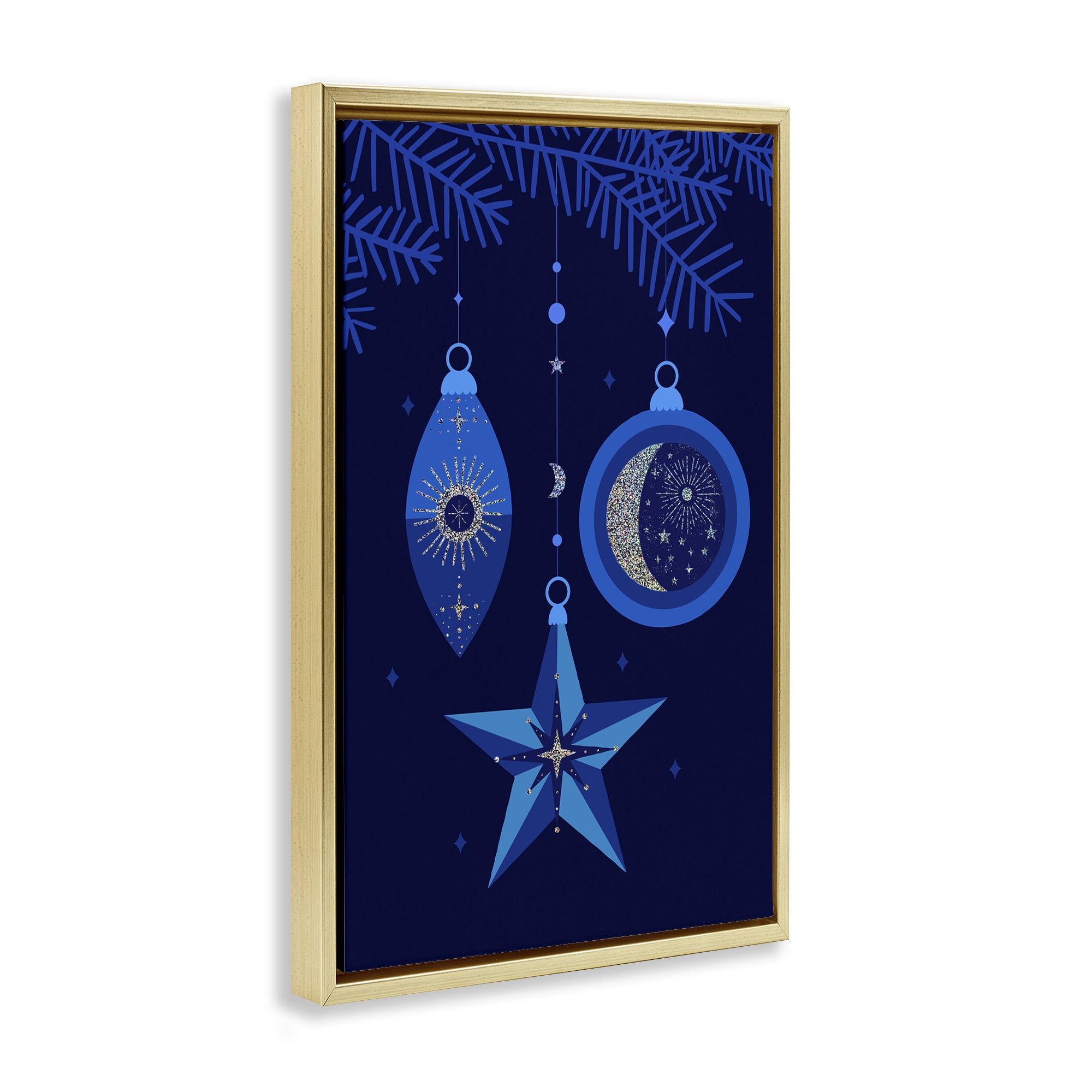 Stupell Industries Blue Holiday Ornaments Holiday Painting Gold Floater Framed Art Print Wall Art, 17 x 25