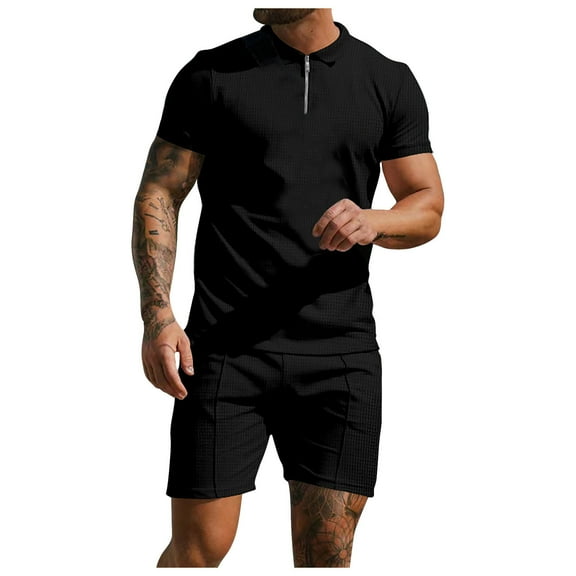 YYDGH Men's Two Piece Shorts Set Summer Casual Daily Outfits Oversized Short Sleeve Zip Up Lapel Polo Shirt and Wide Leg Pants