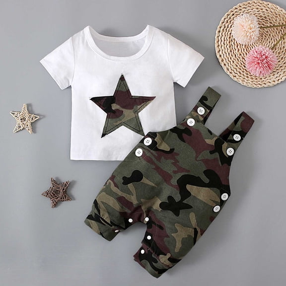 Baby Boy Outfits 2 Piece Crew Neck Solid Print Short Sleeve T Shirt Top And Suspenders Shorts Casual Boys' Clothing Sets CE1 0 Months-3 Months