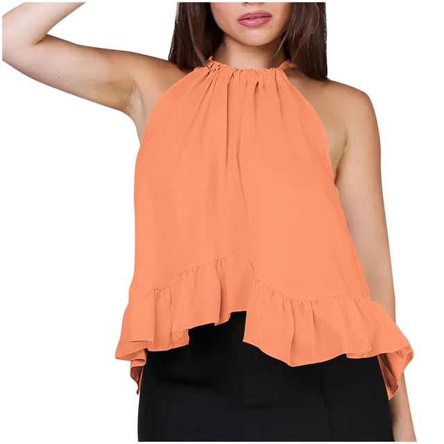 Débardeurs pour Femmes Ourlet à Volants devant Camisole Plissée Lacée Col Ajustable Débardeurs Basiques Simples Chemises Amples Habillées Pulls Blouses Vêtements de Vacances à la Plage