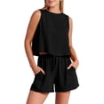 thumbnail image 5 of Womens Summer Solid Cotton Linen 2 Piece Outfits Sleeveless Tank Tops with Drawstring Wide Leg Shorts Sets Loungewear, 5 of 7