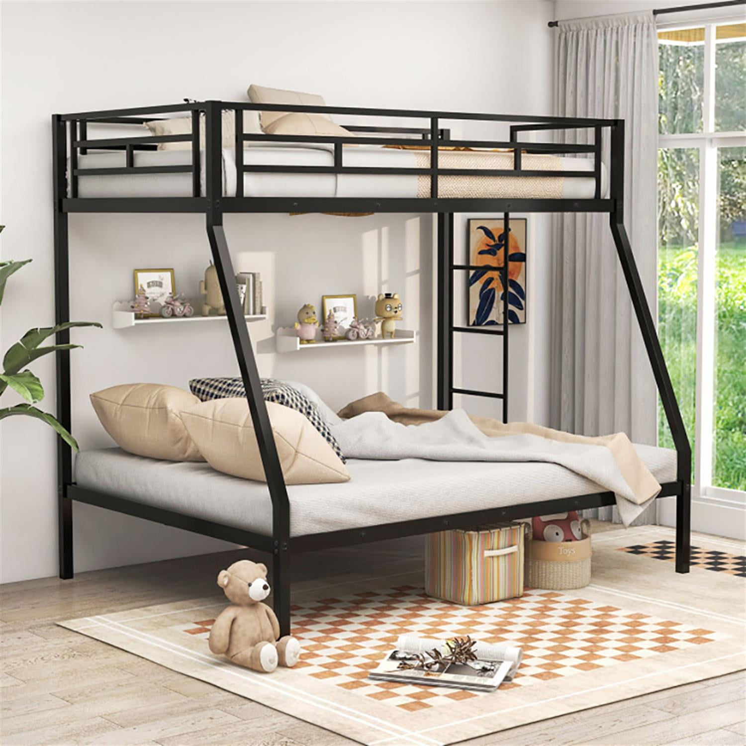 Demi Bonn Twin Over Full Bunk Bed with Safety Rail and Ladder, Twin Bunk Beds, Space-saving Metal Slatted Bed Frame, No Box Spring Needed, Black
