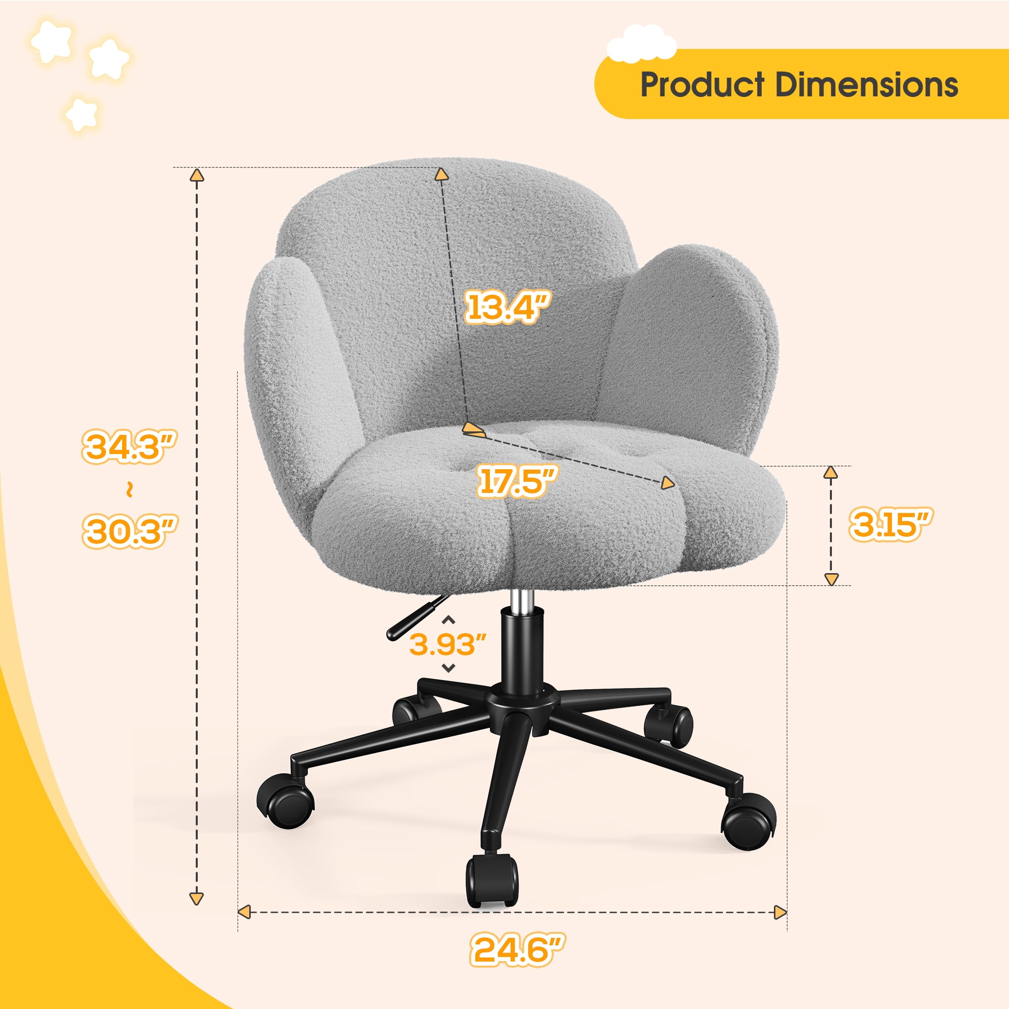 Romorgniz Vanity Chair with Back & Wheels Upholstered Desk Chair Height Adjustable Teddy Velvet Computer Task Chairs for Home Office, Gray