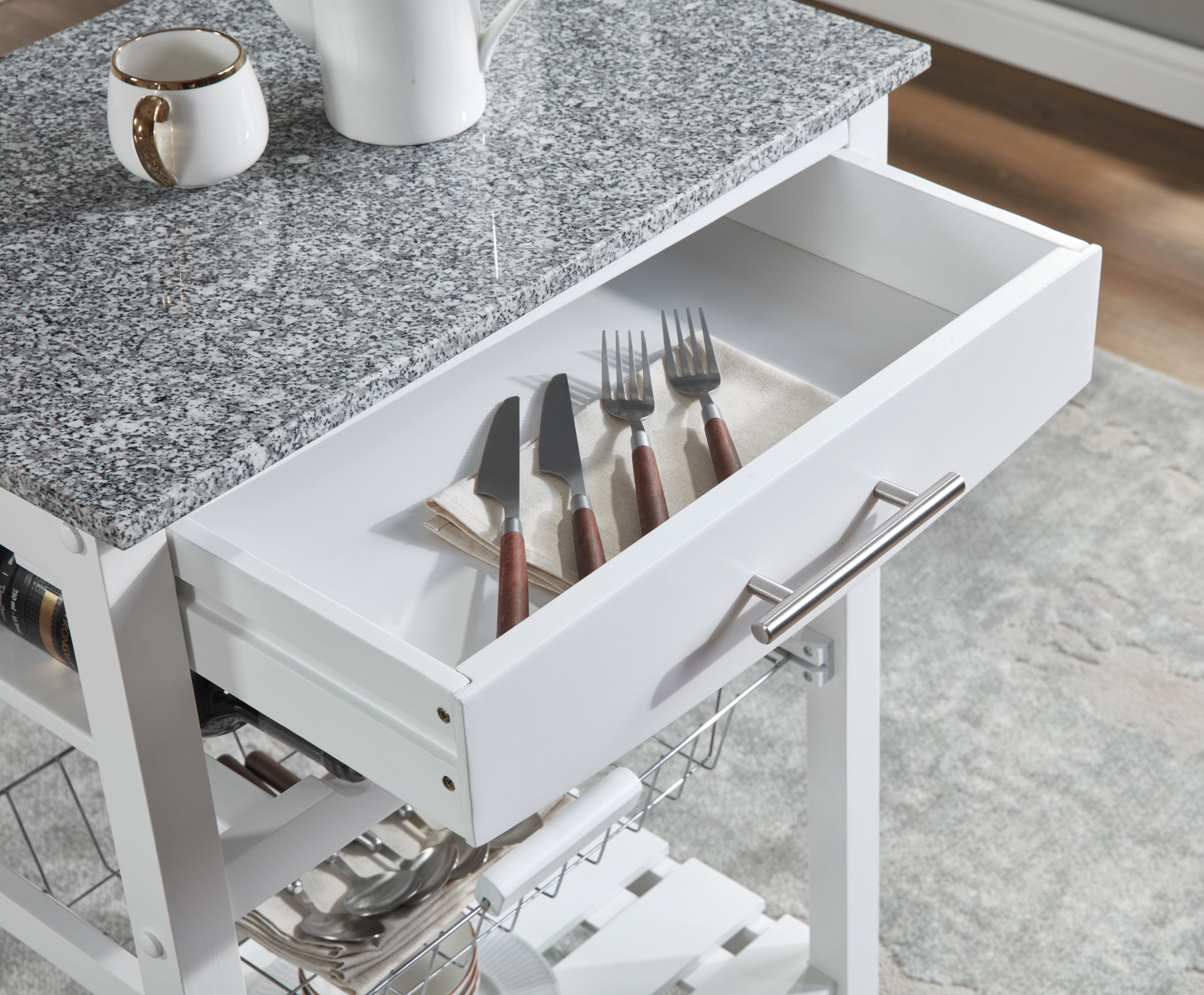 MAYEERTY Mobile Rolling Kitchen Island with Marble Top, Drawer & Storage Basket