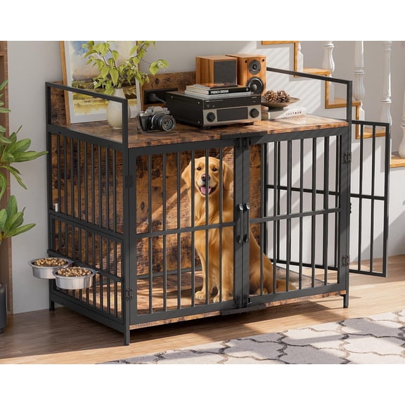 Magic Union 41" Large Dog Crate Furniture, Indoor Dog Kennel with USB Charging Station, Wooden Dogs Crate with 360° Rotating Feeder Bowls and 3 Doors, Medium Dogs Cage for Small/Medium Dogs
