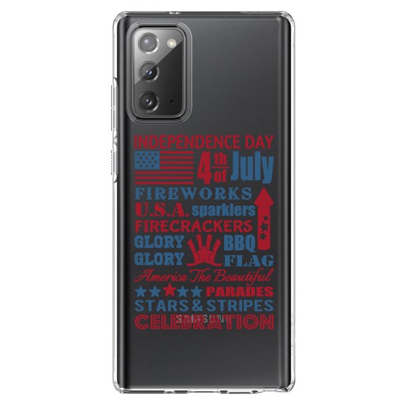 DistinctInk Clear Shockproof Hybrid Case for Samsung Galaxy Note 20 (6.7" Screen) - TPU Bumper Acrylic Back Tempered Glass Screen Protector - Independence Day Word Art