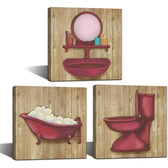 Burgundy Bathroom Canvas Wall Art Prints Rustic Bath Sets Red Wall Decor Still Life Picture Poster Print On Canvas for Home Shower Room Decoration Stretched Framed Ready to Hang 12x12inchx3panel