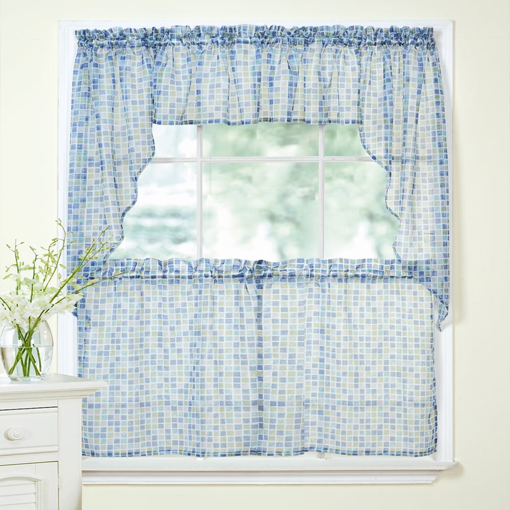 Tiles Block Sheer Kitchen Curtains Tiers, Swag and Valance Set 24" or