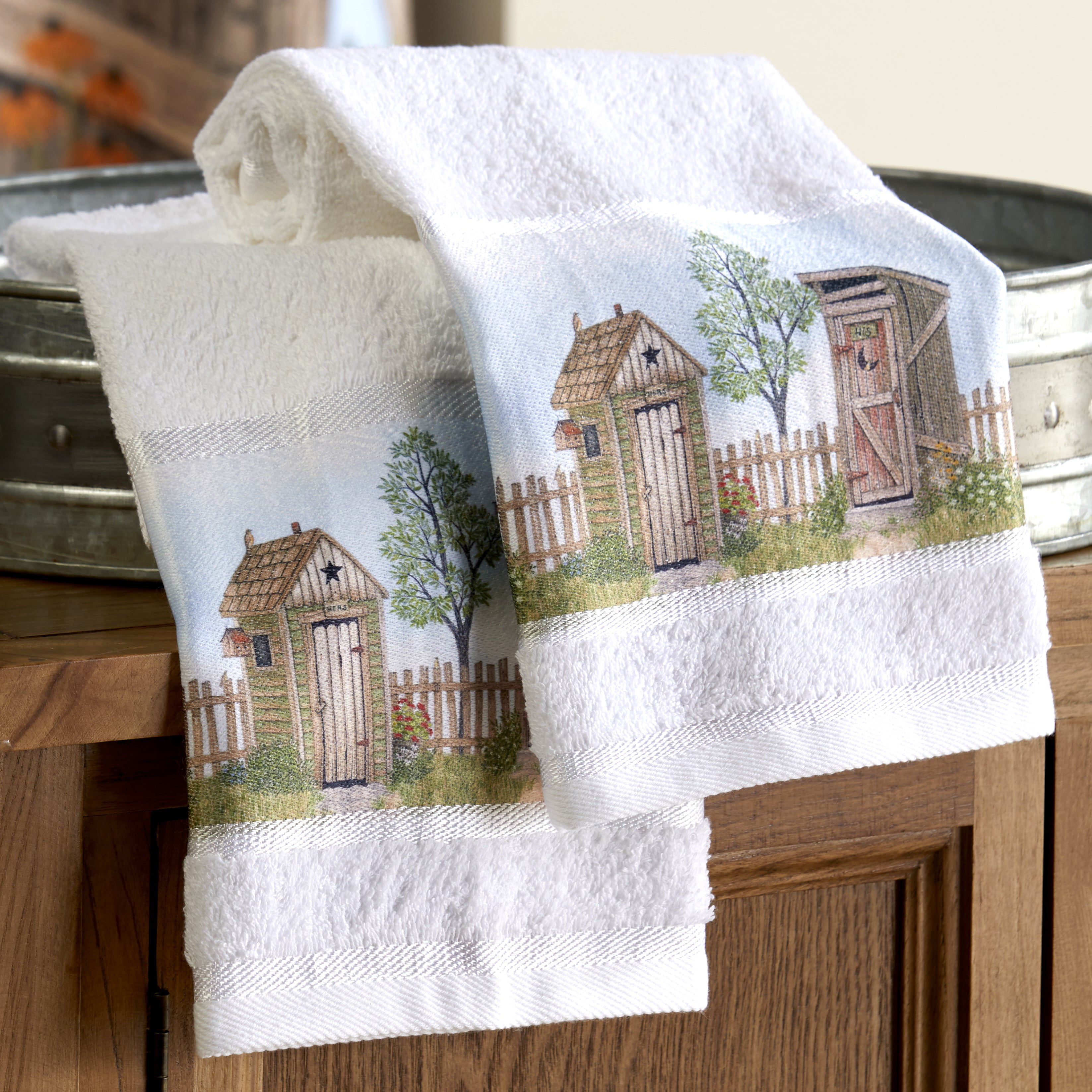Country His & Her Outhouse Bathroom Collection Rug Shower Curtain or Hand Towel 