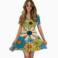 thumbnail image 2 of Retro Floral Pattern Vibrant Flowers Design Women Dress V-Neck Short Sleeve Flowy Swing Party Midi Dress, 2 of 4