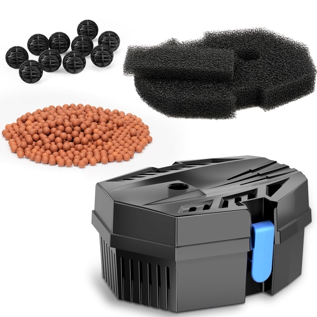 Caja de filtro para estanque POPOSOAP pequeña con bolas biológicas y almohadillas