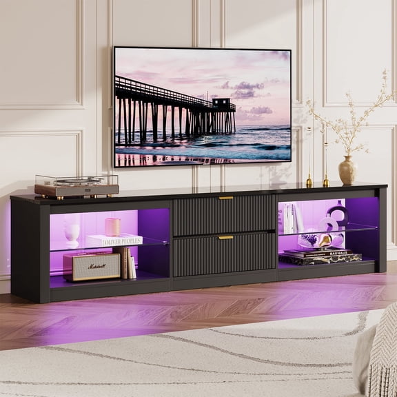 Bestier 80 inch TV Stand for TVs up to 85", High Gloss Entertainment Center with LED Lights & 2 Storage Drawers, Modern Fluted TV Console, Black