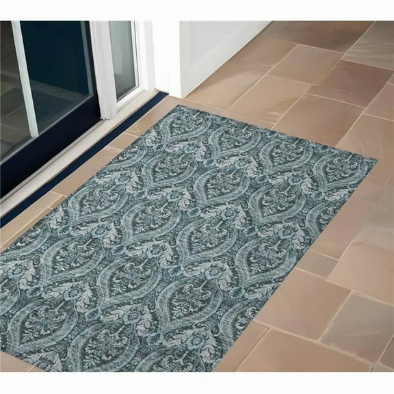 HomeRoots 563898 2 x 3 ft. Teal Damask Washable Non Skid Indoor Outdoor Rectangle Machine Woven Area Rug