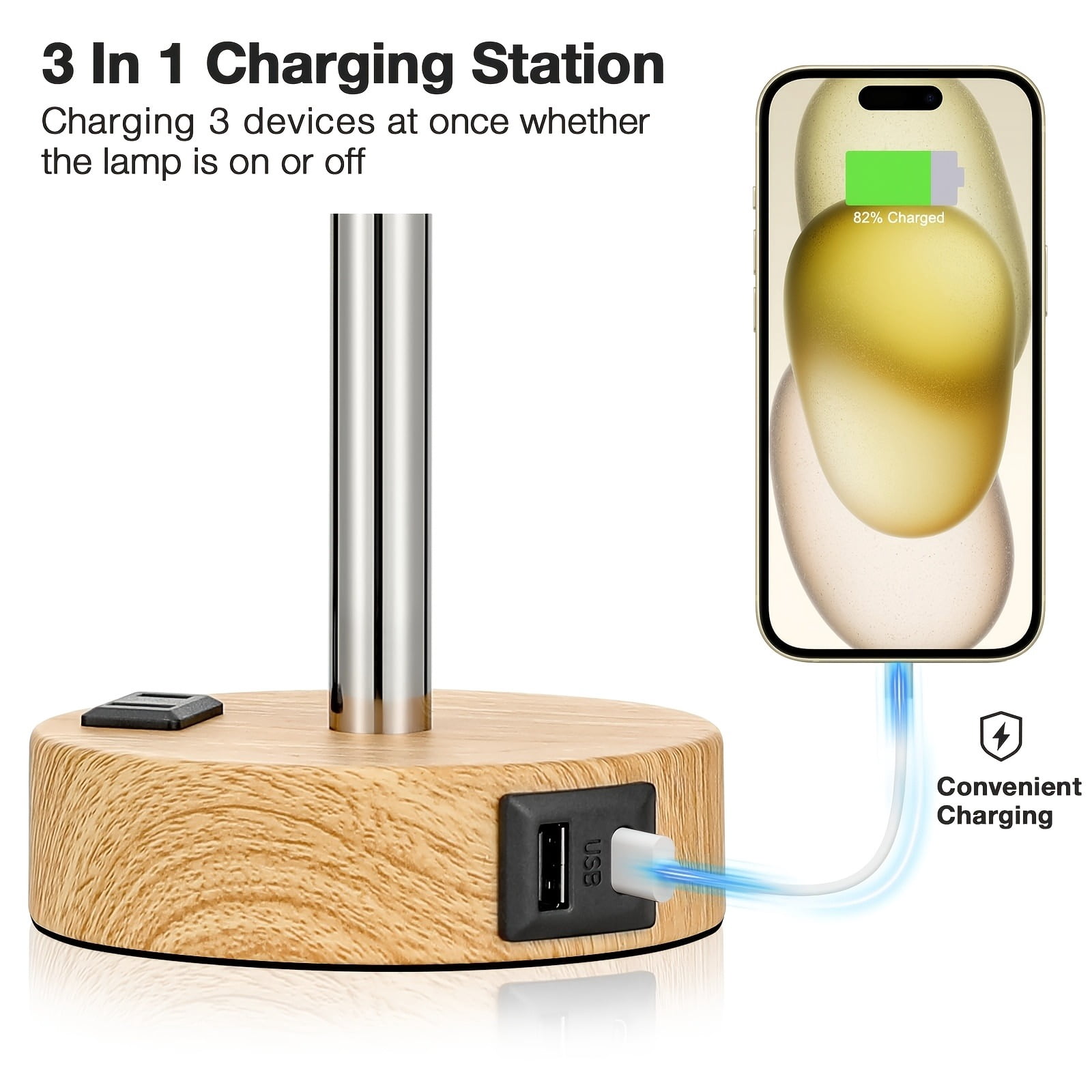 Dimmable Table Lamps with USB Charging Ports & AC Outlet, 3-Way Touch Control Bedside Nightstand Lamps, Wood/Metal Base, Modern Desk Lamps for Bedroom, Living Room, Office, Bulbs Included (1/2 Pack)