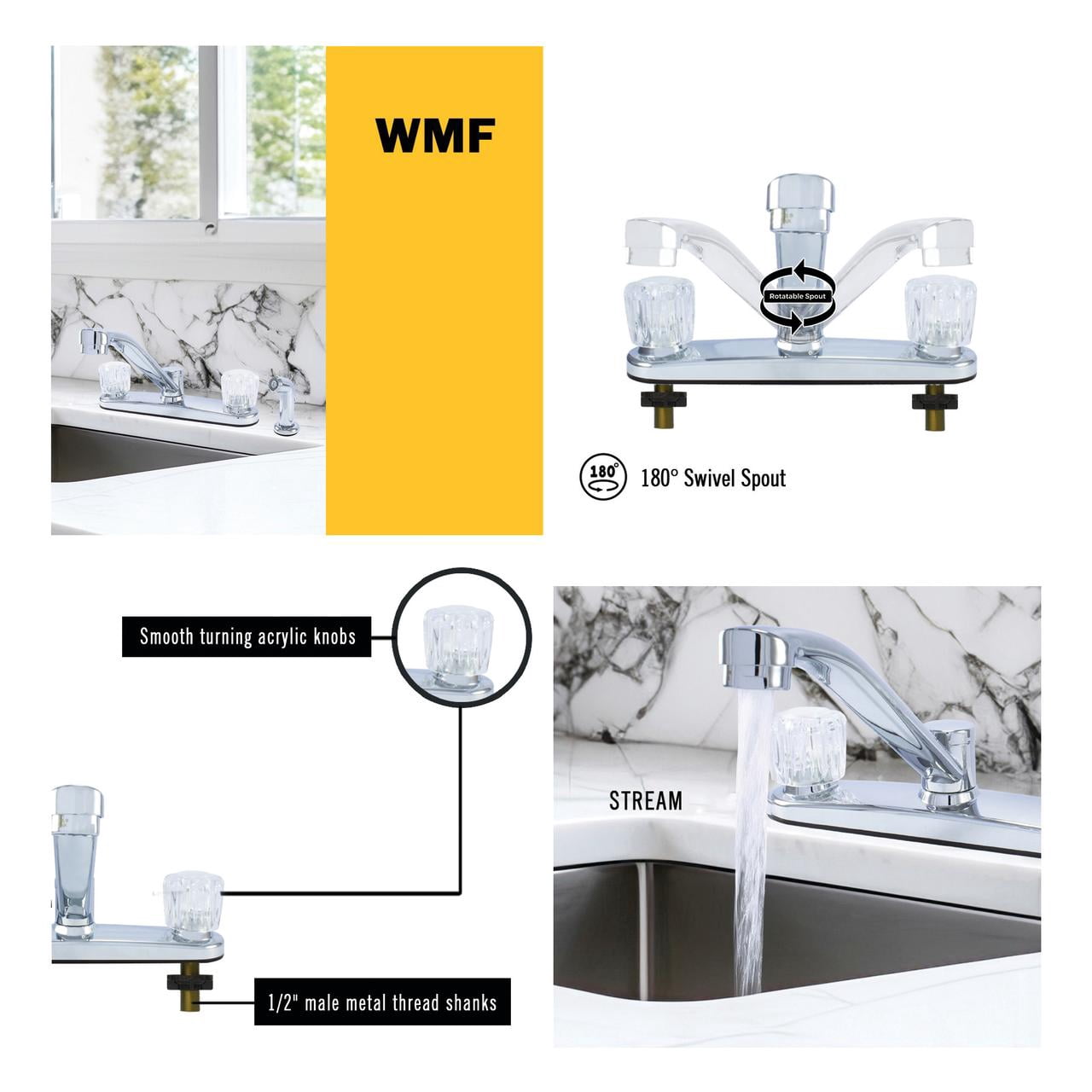 WMF-8237ZM-CP - Hybrid Metal Deck Kitchen Sink Faucet 360 Degree Swivel spout Double Handle Washerless Cart. Less Spray