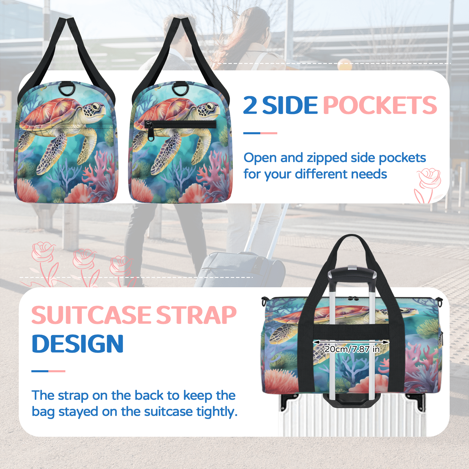 Herdesigns Sea Turtles Ocean Tortoise Gym Bag for Women, Duffle Bag for Travel Sport, Lightweight Waterproof Carry on Weekender Overnight Dance Yoga Workout Bags