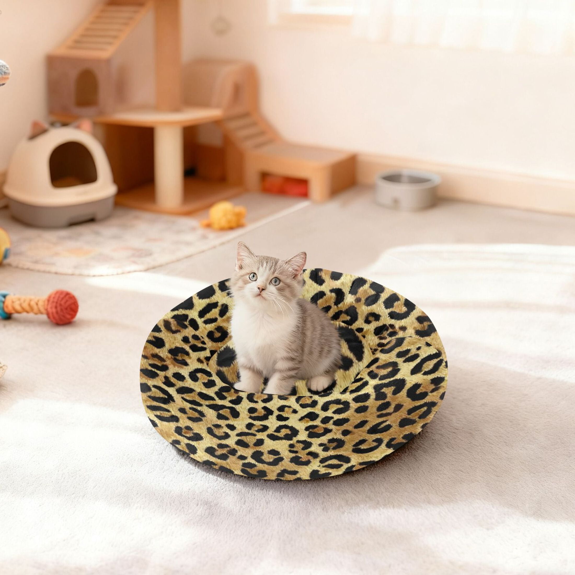 Iauyy Pet Couch Donut Cat Bed for Indoor Cats/Small Dogs Washable & Machine with Non-slip Bottom Calming Cat Furniture, Wild Beauty (M)