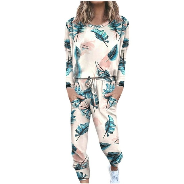 Ensemble de Survêtement 2 Pcs pour Femmes, Haut à Manches Longues Col Rond, Pantalon de Jogging Long à Cordon, Tenues de Sport, Ensembles de Détente