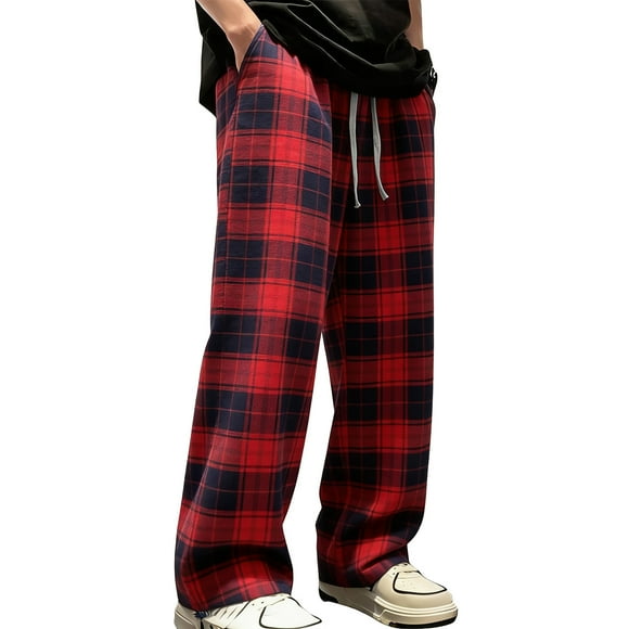 Pxkloy Men Flannel Pajamas Bottoms Lightweight Plaid Pj Straight Leg Drawstring Loungewear Sleep Casual Loose Pajamas with Pockets 2025 Red,L