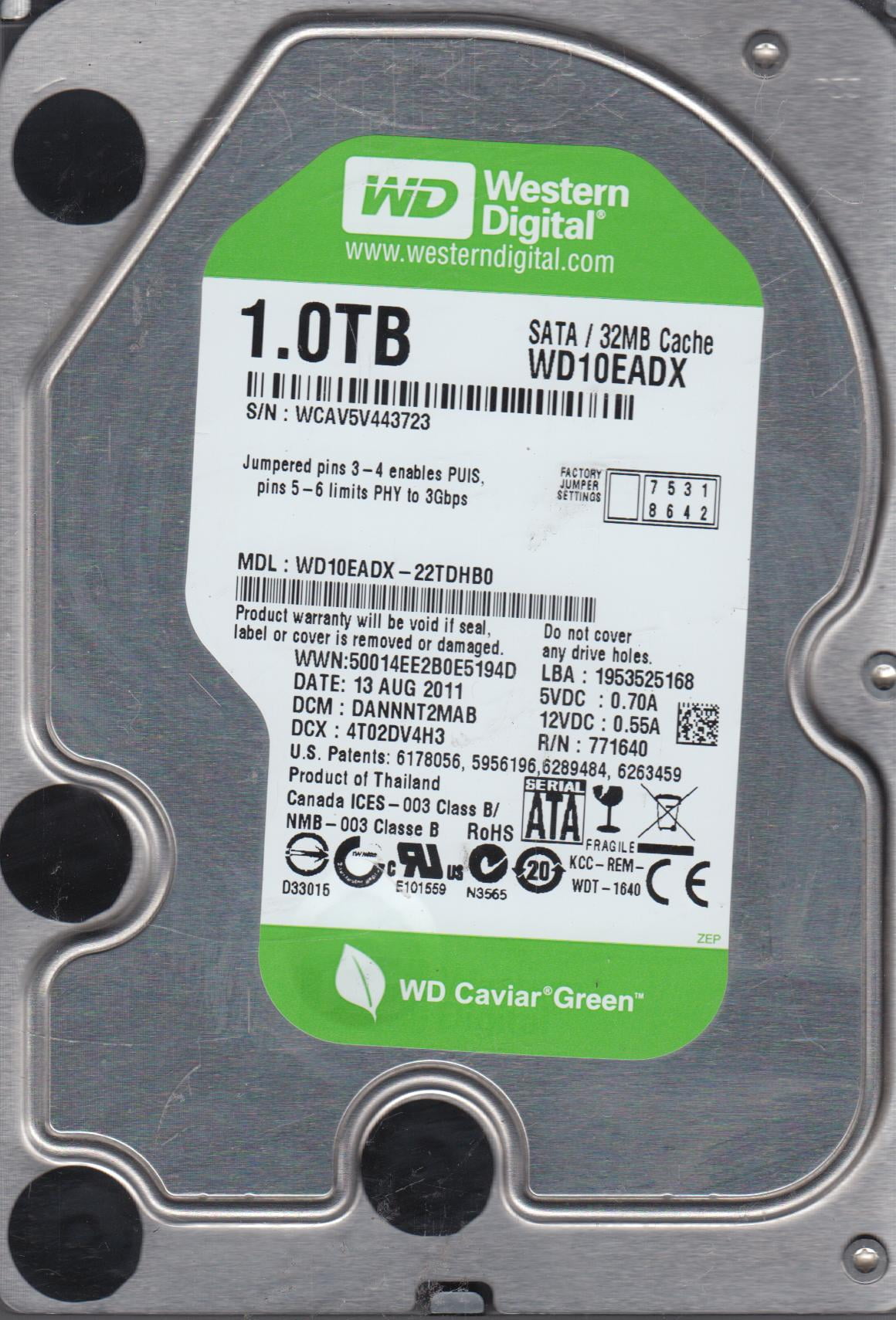 WD10EADX-22TDHB0, DCM DANNNT2MAB, Western Digital 1TB SATA 3.5 Hard ...