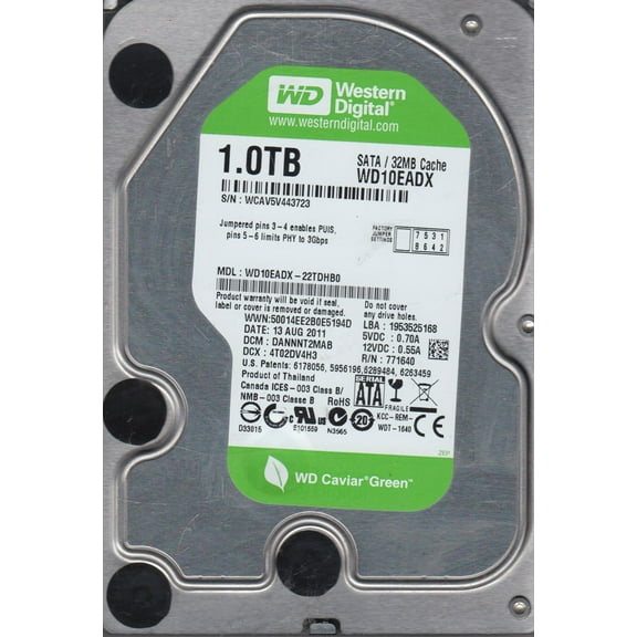 WD10EADX-22TDHB0, DCM DANNNT2MAB, Western Digital 1TB SATA 3.5 Hard Drive