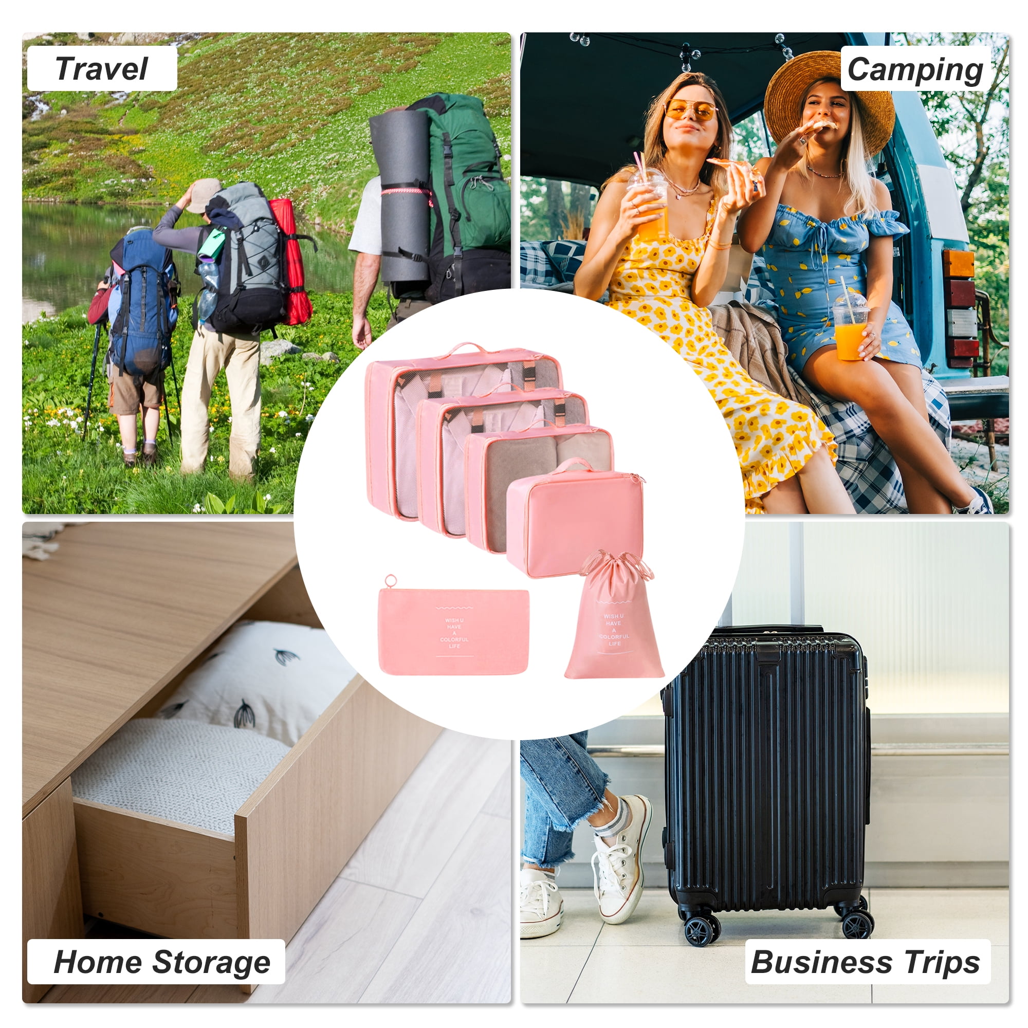 Unique Bargains Portable Packing Cube Set with 6 Different Sized Bags Pink