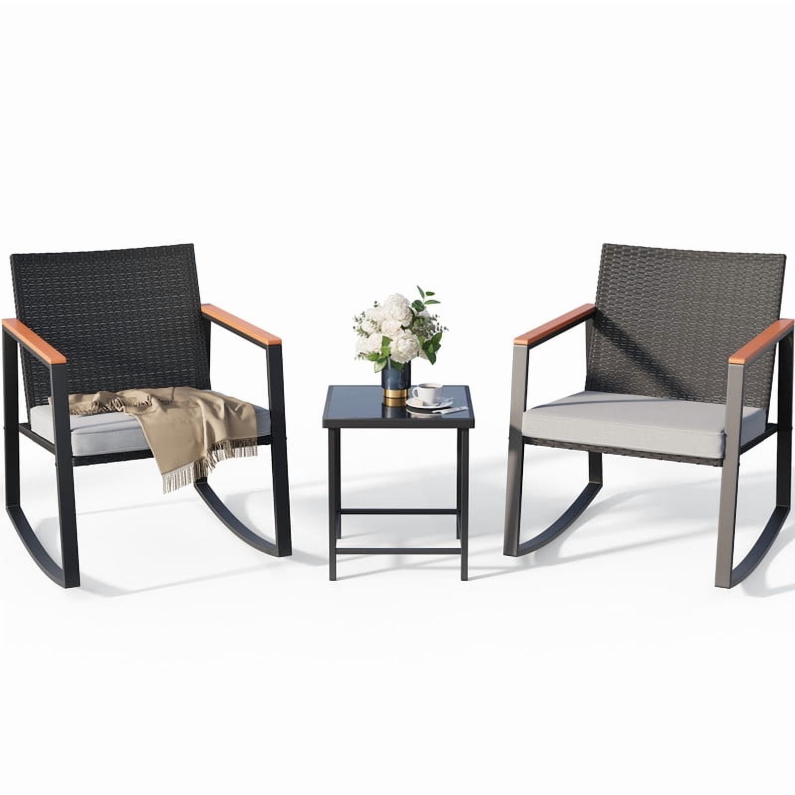Aiho 3 Pieces Rocking Patio Furniture Set, Wicker Outdoor Chair Set with Coffee Table for Garden, Gray