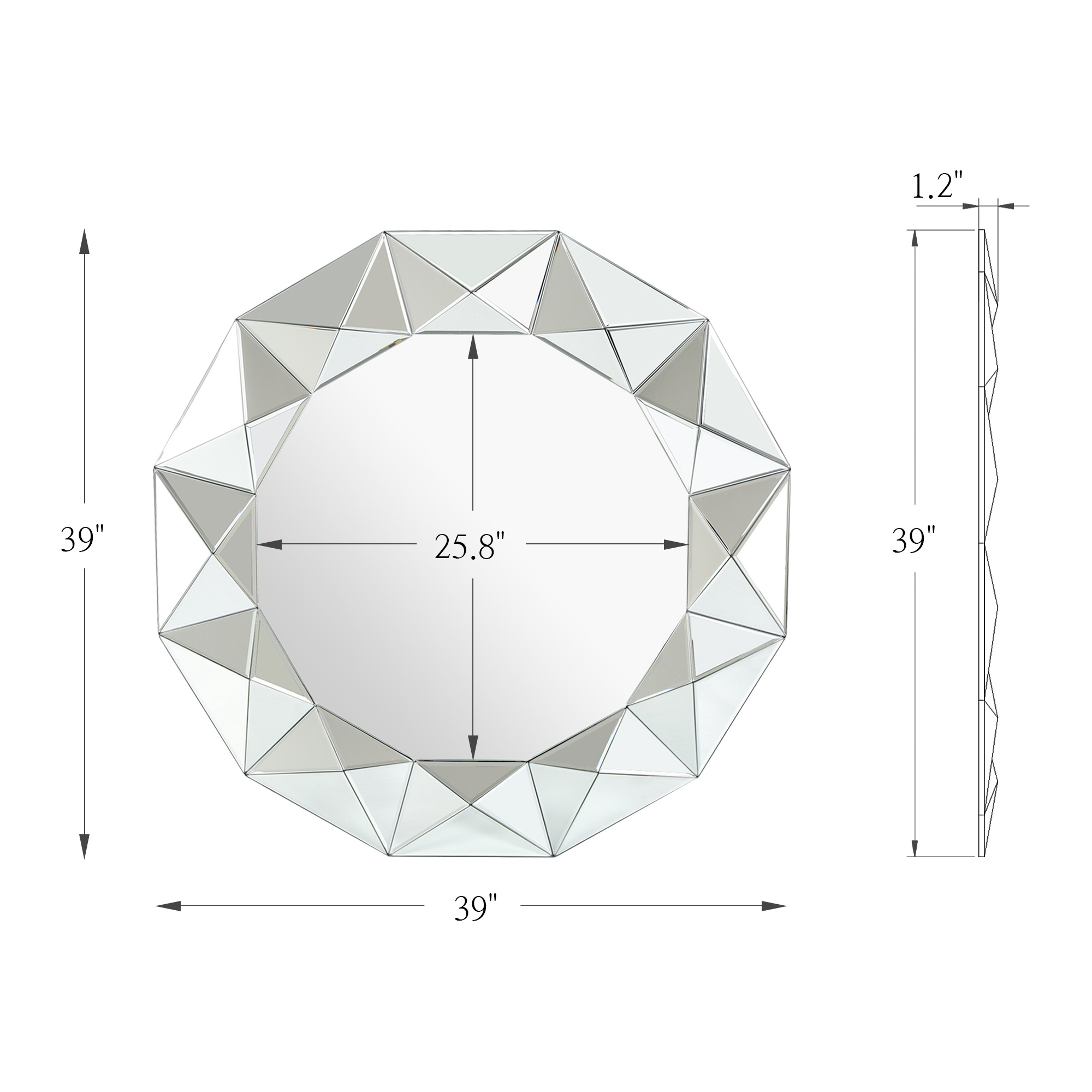 LNC 39"x39" Round Geometric Wall Mirror with Faceted Beveled Frame for Living Room or Entryway