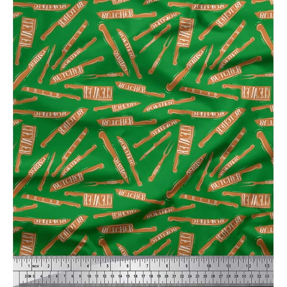 Soimoi Green Rayon Fabric Text & Knife Kitchen Fabric Prints By Yard 42 Inch Wide