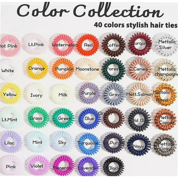 Spiral Hair Ties, 40 Pack Elastic Phone Cord Ponytail Holders Hair Coils, Waterproof Hair Accessories for Women, Girls, Kids, Teens of All Hair Type (Solid Colors, Small, Pack of 40)