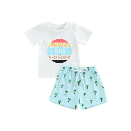 

LSFYSZD Toddlers Boys Two-Piece Outfits Short Sleeve O-Neck Letter Printed T-Shirt + Tree Printed Drawstring Short Pants