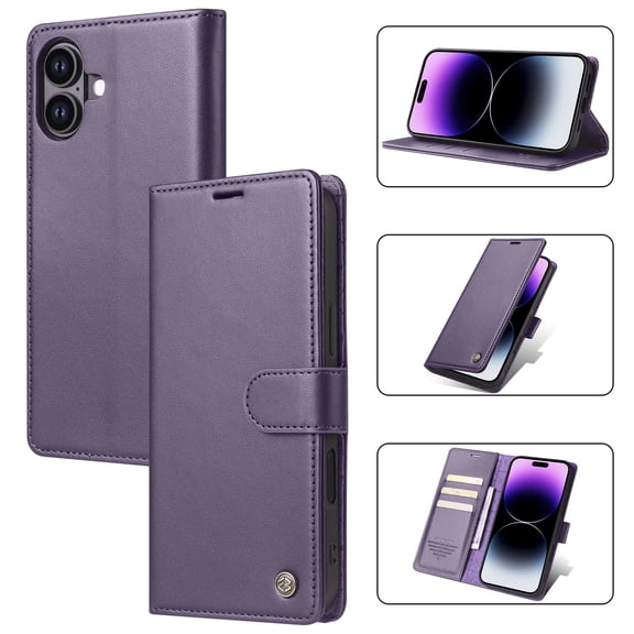 Allytechgroup RFID Blocking Leather Flip Wallet Cell Phone Case with 1 Case for Apple iPhone 16 Purple