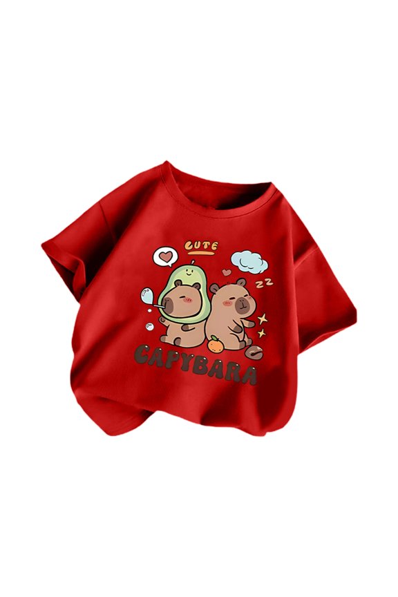 Girls Shirts Size 14-16 Girls' Round Neck Cartoon Animal Patterned Printed Loose Casual Short Sleeved T Shirt, Size 12-14 Years