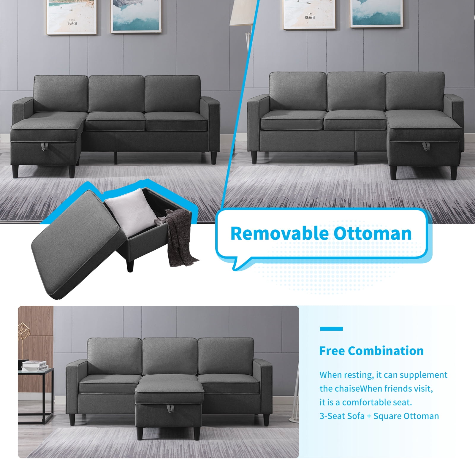 MUZZ 78’’w Small Sectional Sofa and Couch for Living Room, L Shaped 3 Seater Sofa with Storge Ottoman, Convertible Sectional Sofa Couch for Small Space, Dark Grey