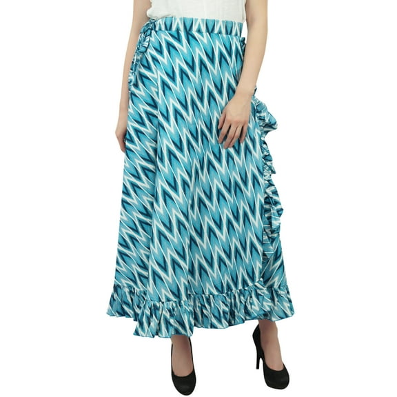 Phagun Cotton Ruffled Self Belt Ikat Printed Women's Wrap Hippie Skirt-Blue