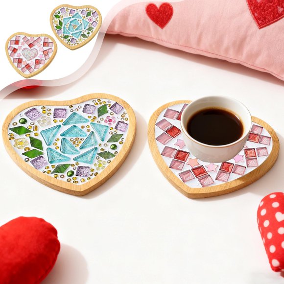 Mosaico de Valentín – Kit DIY de tapetes de madera para vasos, pack multicolor de manualidades, incluye pegamento blanco de 6 ml, base, herramientas, 4,13x3,74 pulgadas, regalo para adultos y